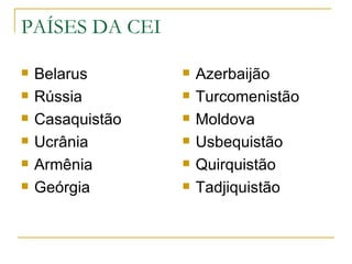 PAÍSES DA CEI Belarus Rússia Casaquistão Ucrânia Armênia Geórgia Azerbaijão Turcomenistão Moldova Usbequistão Quirquistão Tadjiquistão 