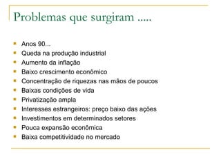 Problemas que surgiram ..... Anos 90... Queda na produção industrial Aumento da inflação Baixo crescimento econômico Concentração de riquezas nas mãos de poucos Baixas condições de vida Privatização ampla Interesses estrangeiros: preço baixo das ações Investimentos em determinados setores Pouca expansão econômica Baixa competitividade no mercado 