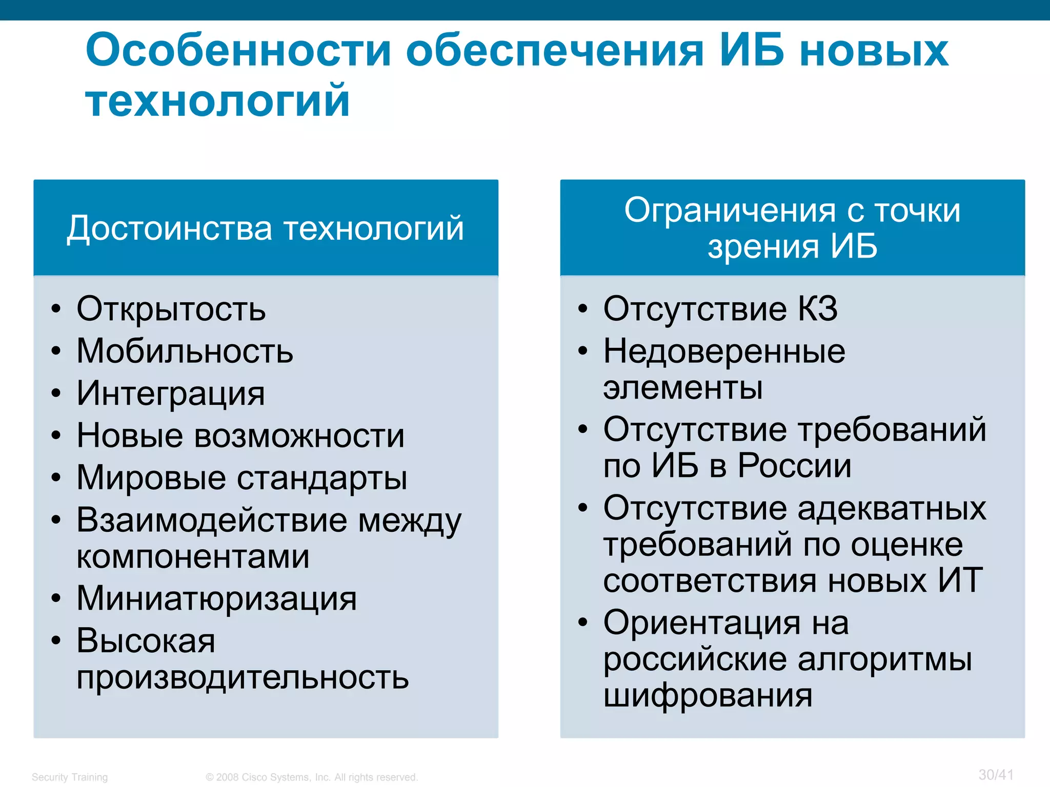 Особенности обеспечения ИБ новых
           технологий

                                                                        Ограничения с точки
        Достоинства технологий
                                                                            зрения ИБ
    • Открытость                                                      • Отсутствие КЗ
    • Мобильность                                                     • Недоверенные
    • Интеграция                                                        элементы
    • Новые возможности                                               • Отсутствие требований
    • Мировые стандарты                                                 по ИБ в России
    • Взаимодействие между                                            • Отсутствие адекватных
      компонентами                                                      требований по оценке
                                                                        соответствия новых ИТ
    • Миниатюризация
                                                                      • Ориентация на
    • Высокая
                                                                        российские алгоритмы
      производительность
                                                                        шифрования

Security Training   © 2008 Cisco Systems, Inc. All rights reserved.                           30/41
 