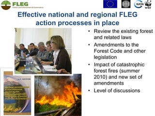 Anticipated ENPI FLEG PROGRAM RESULTS AREASIncreased awareness and commitment of key stakeholders on FLEGEffective national and regional FLEG action processes in placeIncreased national ownership and capacityImproved regional and sub-regional collaboration and knowledge sharingEffective engagement of key trading partnersContinuation of the formal official Europe-North Asia FLEG processSustainable forest management practices implemented5