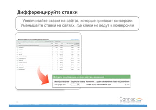 Дифференцируйте ставки
      Увеличивайте ставки на сайтах, которые приносят конверсии
     Уменьшайте ставки на сайтах, где клики не ведут к конверсиям




42
 