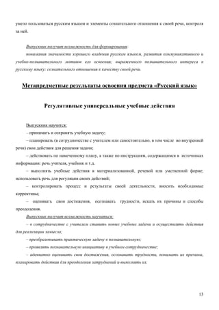 умело пользоваться русским языком и элементы сознательного отношения к своей речи, контроля
за ней.


     Выпускник получит возможность для формирования:
     понимания значимости хорошего владения русским языком, развития коммуникативного и
учебно-познавательного мотивов его освоения; выраженного познавательного интереса к
русскому языку; сознательного отношения к качеству своей речи.


   Метапредметные результаты освоения предмета «Русский язык»


               Регулятивные универсальные учебные действия


     Выпускник научится:
     – принимать и сохранять учебную задачу;
     – планировать (в сотрудничестве с учителем или самостоятельно, в том числе во внутренней
речи) свои действия для решения задачи;
     – действовать по намеченному плану, а также по инструкциям, содержащимся в источниках
информации: речь учителя, учебник и т.д.
     – выполнять учебные действия в материализованной, речевой или умственной форме;
использовать речь для регуляции своих действий;
     – контролировать процесс и результаты своей деятельности, вносить необходимые
коррективы;
     –    оценивать свои достижения, осознавать    трудности, искать их причины и способы
преодоления.
     Выпускник получит возможность научиться:
     – в сотрудничестве с учителем ставить новые учебные задачи и осуществлять действия
для реализации замысла;
     – преобразовывать практическую задачу в познавательную;
     – проявлять познавательную инициативу в учебном сотрудничестве;
     – адекватно оценивать свои достижения, осознавать трудности, понимать их причины,
планировать действия для преодоления затруднений и выполнять их.




                                                                                          13
 