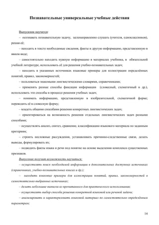 Познавательные универсальные учебные действия


     Выпускник научится:
     – осознавать познавательную задачу, целенаправленно слушать (учителя, одноклассников),
решая её;
     – находить в тексте необходимые сведения, факты и другую информацию, представленную в
явном виде;
     – самостоятельно находить нужную информацию в материалах учебника, в обязательной
учебной литературе, использовать её для решения учебно-познавательных задач;
     – находить в указанных источниках языковые примеры для иллюстрации определённых
понятий, правил, закономерностей;
     – пользоваться знакомыми лингвистическими словарями, справочниками;
     – применять разные способы фиксации информации          (словесный, схематичный и др.),
использовать эти способы в процессе решения учебных задач;
     – понимать информацию, представленную в изобразительной, схематичной форме;
переводить её в словесную форму;
     – владеть общими способами решения конкретных лингвистических задач;
     – ориентироваться на возможность решения отдельных лингвистических задач разными
способами;
     – осуществлять анализ, синтез, сравнение, классификацию языкового материала по заданным
критериям;
     – строить несложные рассуждения, устанавливать причинно-следственные связи, делать
выводы, формулировать их;
     – подводить факты языка и речи под понятие на основе выделения комплекса существенных
признаков.
     Выпускник получит возможность научиться:
     – осуществлять поиск необходимой информации в дополнительных доступных источниках
(справочниках, учебно-познавательных книгах и др.);
     –   находить языковые примеры для иллюстрации понятий, правил, закономерностей в
самостоятельно выбранных источниках;
     – делать небольшие выписки из прочитанного для практического использования;
     – осуществлять выбор способа решения конкретной языковой или речевой задачи;
     – анализировать и характеризовать языковой материал по самостоятельно определённым
параметрам;


                                                                                         14
 