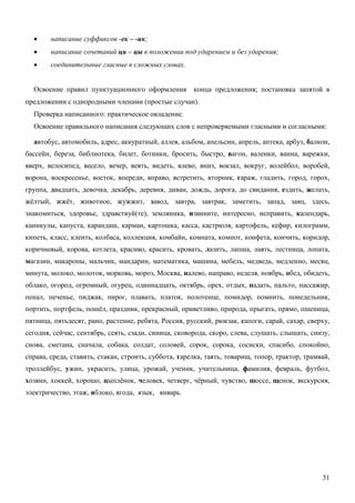 •     написание суффиксов -ек – -ик;
  •     написание сочетаний ци – цы в положении под ударением и без ударения;
  •     соединительные гласные в сложных словах.


  Освоение правил пунктуационного оформления          конца предложения; постановка запятой в
предложении с однородными членами (простые случаи).
  Проверка написанного: практическое овладение.
  Освоение правильного написания следующих слов с непроверяемыми гласными и согласными:

  автобус, автомобиль, адрес, аккуратный, аллея, альбом, апельсин, апрель, аптека, арбуз, балкон,
бассейн, береза, библиотека, билет, ботинки, бросить, быстро, вагон, валенки, ванна, варежки,
вверх, велосипед, весело, вечер, веять, видеть, влево, вниз, вокзал, вокруг, волейбол, воробей,
ворона, воскресенье, восток, впереди, вправо, встретить, вторник, гараж, гладить, город, горох,
группа, двадцать, девочка, декабрь, деревня, диван, дождь, дорога, до свидания, ездить, желать,
жёлтый, жжёт, животное, жужжит, завод, завтра, завтрак, заметить, запад, заяц, здесь,
знакомиться, здоровье, здравствуй(те), земляника, извините, интересно, исправить, календарь,
каникулы, капуста, карандаш, карман, картошка, касса, кастрюля, картофель, кефир, килограмм,
кипеть, класс, клеить, колбаса, коллекция, комбайн, комната, компот, конфета, кончить, коридор,
коричневый, корова, котлета, красиво, красить, кровать, лазить, лапша, лаять, лестница, лопата,
магазин, макароны, мальчик, мандарин, математика, машина, мебель, медведь, медленно, месяц,
минута, молоко, молоток, морковь, мороз, Москва, налево, направо, неделя, ноябрь, обед, обидеть,
облако, огород, огромный, огурец, одиннадцать, октябрь, орех, отдых, падать, пальто, пассажир,
пенал, печенье, пиджак, пирог, плавать, платок, полотенце, помидор, помнить, понедельник,
портить, портфель, пошёл, праздник, прекрасный, приветливо, природа, прыгать, прямо, пшеница,
пятница, пятьдесят, рано, растение, ребята, Россия, русский, рюкзак, сапоги, сарай, сахар, сверху,
сегодня, сейчас, сентябрь, сеять, сзади, синица, сковорода, скоро, слева, слушать, слышать, снизу,
снова, сметана, сначала, собака, солдат, соловей, сорок, сорока, сосиски, спасибо, спокойно,
справа, среда, ставить, стакан, строить, суббота, тарелка, таять, товарищ, топор, трактор, трамвай,
троллейбус, ужин, украсить, улица, урожай, ученик, учительница, фамилия, февраль, футбол,
хозяин, хоккей, хорошо, цыплёнок, человек, четверг, чёрный, чувство, шоссе, щенок, экскурсия,
электричество, этаж, яблоко, ягода, язык, январь.




                                                                                                31
 