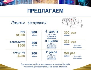 контрактыПакеты:
Доступно
обновление
Доступно
обновление
Все платежи и сборы уплачиваются только в Биткойн.
Мы используем доллар ($) в качестве эталона.
 