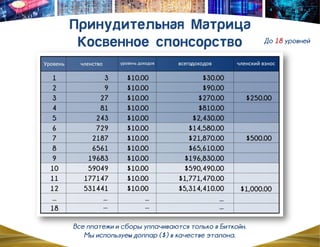 Все платежи и сборы уплачиваются только в Биткойн.
Мы используем доллар ($) в качестве эталона.
До 18 уровней
 