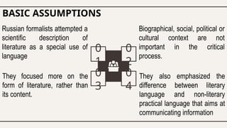 Russian formalists attempted a
scientific description of
literature as a special use of
language
0
1
0
2
0
3
0
4
BASIC ASSUMPTIONS
They focused more on the
form of literature, rather than
its content.
Biographical, social, political or
cultural context are not
important in the critical
process.
They also emphasized the
difference between literary
language and non-literary
practical language that aims at
communicating information
 