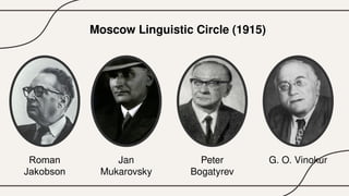 Roman
Jakobson
Jan
Mukarovsky
Peter
Bogatyrev
G. O. Vinokur
Moscow Linguistic Circle (1915)
 
