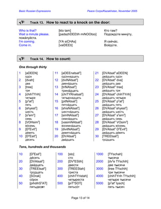 Basic Russian Expressions Peace Corps/Kazakhstan, November 2005 
8 Track 13. How to react to a knock on the door: 
Who is that? [kto tam] Кто там? 
Wait a minute please. [padazhDEEtih miNOOtoo] Подождúте минýту, пожáлуйста. 
I'm coming. [YA siCHAs] Я сейчáс. 
Come in. [vaiDEEti] Войдúте. 
8 Track 14. How to count: 
One through thirty 
1 
[aDEEN] 
одúн 
11 
[aDEEnatsaty] 
одúннадцать 
21 
[DVAtsaty aDEEN] 
двáдцать одúн 
2 
[dvah] 
два 
12 
[dviNAtsaty] 
двенáдцать 
22 
[DVAtsaty dva] 
двáдцать два 
3 
[tree] 
три 
13 
[triNAtsaty] 
тринáдцать 
23 
[DVAtsaty tree] 
двáдцать три 
4 
[chihTYrih] 
четыре 
14 
[chiTYRnatsaty] 
четырнадцать 
24 
[DVAtsaty chihTYrih] 
двáдцать четыре 
5 
[pyaty] 
пять 
15 
[pitNAtsaty] 
пятнáдцать 
25 
[DVAtsaty pyaty] 
двáдцать пять 
6 
[shyesty] 
шесть 
16 
[shisNAtsaty] 
шестнáдцать 
26 
[DVAtsaty shyesty] 
двáдцать шесть 
7 
[syemy] 
семь 
17 
[simNAtsaty] 
семнáдцать 
27 
[DVAtsaty syemy] 
двáдцать семь 
8 
[VOHsimy] 
вóсемь 
18 
[vasimNAtsaty] 
восемнáдцать 
28 
[DVAtsaty VOsimy] 
двáдцать вóсемь 
9 
[DyEvity] 
дéвять 
19 
[divitNAtsaty] 
девятнáдцать 
29 
[DVAtsaty DyEvity] 
двáдцать дéвять 
10 
[DyEsity] 
дéсять 
20 
[DVAtsaty] 
двáдцать 
30 
[TREEtsaty] 
трúдцать 
Tens, hundreds and thousands 
10 
[DyEsity] 
дéсять 
100 
[sto] 
сто 
1000 
[TYschah] 
тысяча 
20 
[DVAtsaty] 
двáдцать 
200 
[DVyEStih] 
двести 
2000 
[dvye TYschih] 
две тысячи 
30 
[TREEtsaty] 
трúдцать 
300 
[TREEStah] 
триста 
3000 
[tree TYschih] 
три тысячи 
40 
[SOrak] 
сóрок 
400 
[chihTYristah] 
четыреста 
4000 
[chihTYrih TYschih] 
четыре тысячи 
50 
[pihdihSyAT] 
пятьдесят 
500 
[piTySOT] 
пятьсóт 
5000 
[pyaty tysch] 
пять тысяч Page 13 of 14 
 