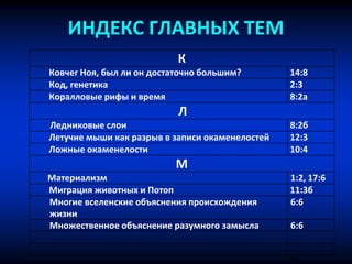 ИНДЕКС ГЛАВНЫХ ТЕМ
К
Ковчег Ноя, был ли он достаточно большим? 14:8
Код, генетика 2:3
Коралловые рифы и время 8:2a
Л
Ледниковые слои 8:2б
Летучие мыши как разрыв в записи окаменелостей 12:3
Ложные окаменелости 10:4
М
Материализм 1:2, 17:6
Миграция животных и Потоп 11:3б
Многие вселенские объяснения происхождения
жизни
6:6
Множественное объяснение разумного замысла 6:6
9:2i
 