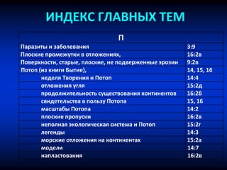 ИНДЕКС ГЛАВНЫХ ТЕМ
П
Паразиты и заболевания 3:9
Плоские промежутки в отложениях, 16:2в
Поверхности, старые, плоские, не подверженные эрозии 9:2в
Потоп (из книги Бытие), 14, 15, 16
неделя Творения и Потоп 14:4
отложения угля 15:2д
продолжительность существования континентов 16:2б
свидетельства в пользу Потопа 15, 16
масштабы Потопа 14:2
плоские пропуски 16:2в
неполная экологическая система и Потоп 15:2г
легенды 14:3
морские отложения на континентах 15:2a
модели 14:7
напластования 16:2в
 
