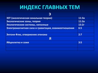 ИНДЕКС ГЛАВНЫХ ТЕМ
Э
ЭЗТ (экологическая зональная теория) 11:3a
Экологические зоны, теория 11:3a
Экологические системы, неполные 15:2г
Электромагнитная сила и гравитация, взаимоотношения 6:5
Энтони Флю, отвержение атеизма 2:7
Я
Яйцеклетка и семя 3:5
 