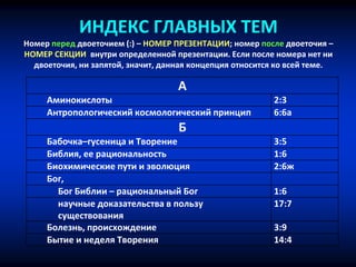 ИНДЕКС ГЛАВНЫХ ТЕМ
Номер перед двоеточием (:) – НОМЕР ПРЕЗЕНТАЦИИ; номер после двоеточия –
НОМЕР СЕКЦИИ внутри определенной презентации. Если после номера нет ни
двоеточия, ни запятой, значит, данная концепция относится ко всей теме.
А
Аминокислоты 2:3
Антропологический космологический принцип 6:6а
Б
Бабочка–гусеница и Творение 3:5
Библия, ее рациональность 1:6
Биохимические пути и эволюция 2:6ж
Бог,
Бог Библии – рациональный Бог 1:6
научные доказательства в пользу
существования
17:7
Болезнь, происхождение 3:9
Бытие и неделя Творения 14:4
 
