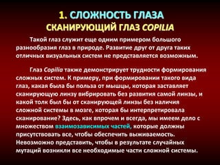 1. СЛОЖНОСТЬ ГЛАЗА
СКАНИРУЮЩИЙ ГЛАЗ COPILIA
Такой глаз служит еще одним примером большого
разнообразия глаз в природе. Развитие друг от друга таких
отличных визуальных систем не представляется возможным.
Глаз Copilia также демонстрирует трудности формирования
сложных систем. К примеру, при формировании такого вида
глаз, какая была бы польза от мышцы, которая заставляет
сканирующую линзу вибрировать без развития самой линзы, и
какой толк был бы от сканирующей линзы без наличия
сложной системы в мозге, которая бы интерпретировала
сканирование? Здесь, как впрочем и всегда, мы имеем дело с
множеством взаимозависимых частей, которые должны
присутствовать все, чтобы обеспечить выживаемость.
Невозможно представить, чтобы в результате случайных
мутаций возникли все необходимые части сложной системы.
 