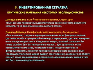 3. ИНВЕРТИРОВАННАЯ СЕТЧАТКА
КРИТИЧЕСКИЕ ЗАМЕЧАНИЯ НЕКОТОРЫХ ЭВОЛЮЦИОНИСТОВ
Джордж Вильямс. Нью-Йоркский университет, Стоуни Брук
«Если бы глаз позвоночных действительно возник как часть разумного
замысла, то не было бы никакого слепого пятна».
Джаред Даймонд. Калифорнийский университет, Лос-Анджелес
«Тем не менее, сосуды и нервы расположены не за фоторецепторами,
где поместил бы их разумный инженер, а перед ними, где они сканируют
часть поступающего света. Создатель камеры, который совершил бы
такую ошибку, был бы немедленно уволен… Для сравнения, глаза
неприметного кальмара, у которого нервы искусно спрятаны за
фоторецепторами, являются примером совершенного замысла. Если
Творец действительно щедро одарил свое творение, создав его по образу
своему, тогда креационисты, несомненно, должны сделать вывод о том,
что Бог – на самом деле кальмар».
 