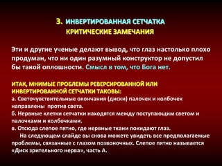 3. ИНВЕРТИРОВАННАЯ СЕТЧАТКА
КРИТИЧЕСКИЕ ЗАМЕЧАНИЯ
Эти и другие ученые делают вывод, что глаз настолько плохо
продуман, что ни один разумный конструктор не допустил
бы такой оплошности. Смысл в том, что Бога нет.
ИТАК, МНИМЫЕ ПРОБЛЕМЫ РЕВЕРСИРОВАННОЙ ИЛИ
ИНВЕРТИРОВАННОЙ СЕТЧАТКИ ТАКОВЫ:
a. Светочувствительные окончания (диски) палочек и колбочек
направлены против света.
б. Нервные клетки сетчатки находятся между поступающим светом и
палочками и колбочками.
в. Отсюда слепое пятно, где нервные ткани покидают глаз.
На следующем слайде вы снова можете увидеть все предполагаемые
проблемы, связанные с глазом позвоночных. Слепое пятно называется
«Диск зрительного нерва», часть A.
 