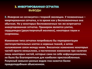 3. ИНВЕРТИРОВАННАЯ СЕТЧАТКА
ВЫВОДЫ
8. Инверсия не согласуется с теорией эволюции. У позвоночных –
ивертированная сетчатка, в то время как у беспозвоночных она
обычная. Но у некоторых беспозвоночных так же встречается
инвертированная сетчатка. Примером является улитка,
сердцевидка (двухстворчатый моллюск), некоторые пауки и
скорпионы.
Изменение типа сетчатки потребовало бы переориентации
светочувствительных клеток и нервных тканей, а затем
налаживания связи между ними. Внезапное изменение некоторых
частей просто немыслимо, а постепенное изменение при наличии
лишь некоторых частей, которые сами по себе нефункциональны,
не было бы благоприятным для наиболее приспособленных.
Разумный замысел разных видов глаз кажется более
правдоподобным объяснением.
 