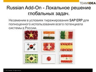 © 2013 TeamIdea. All rights reserved.© 2013 TeamIdea. All rights reserved.
Russian Add-On - Локальное решение
глобальных задач.
Незаменим в условиях тиражирования SAP ERP для
полноценного использования всего потенциала
системы в России.
 