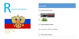 1
1
USSIAN FEDERATION
IGPE ASSIGNMENT NO 2
Sindoor Naik MBA3
Roll No: 1365
TABLE OF CONTENTS
Pg.2 RUSSIAN FEDERATION HISTORY
Pg.3
Pg.4
Pg.5 Russian Demographics and Culture
Pg.6 Comparative Analysis with India
Pg.7 Russia-India relations
 