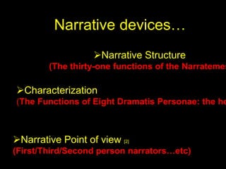 Narrative devices…
Narrative Structure
(The thirty-one functions of the Narratemes
Narrative Point of view [2]
(First/Third/Second person narrators…etc)
Characterization
(The Functions of Eight Dramatis Personae: the he
 