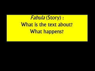 Fabula (Story) :
What is the text about?
What happens?
 