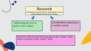Research
Formalism research involves studying the ways in
which students present their writing.
Allowing the text to
speak to the readers
Unintended meaning in
a written piece
these two methods deal with language as the “master” writer
versus a teacher as the “master” writer.
 