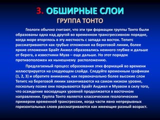 3. ОБШИРНЫЕ СЛОИ
ГРУППА ТОНТО
Геологи обычно считают, что эти три формации группы Тонто были
образованы одна над другой во временном трансгрессивном порядке,
когда море вторглось в эту местность с запада на восток. Tепитс
рассматриваются как грубые отложения на береговой линии, более
яркие отложения Брайт Анжел образовались немного глубже и дальше
от берега, а известняки Муав – еще дальше. Но этот порядок
противоположен их нынешнему расположению.
Предлагаемый процесс образования этих формаций во времени
иллюстрируется на следующем слайде. Следуйте временным графикам
(1, 2, 3) и обратите внимание, как первоначально более высокие слои
Тепитс на береговой линии заканчиваются на самом низком уровне,
поскольку позже они покрываются Брайт Анджел и Муавом в силу того,
что осаждение восходящих уровней продолжается в восточном
направлении. Группа Тонто является классическим геологическим
примером временной трансгрессии, когда части явно непрерывных
горизонтальных слоев рассматриваются как имеющие разный возраст.
 