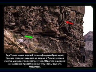 Вид Тэпитс (выше зеленой стрелки) и докембрия ниже.
Красная стрелка указывает на разрыв в Тэпитс; зеленая
стрелка указывает на несоответствие. Обратите внимание
на человека в правом нижнем углу, чтобы оценить
масштабы.
 