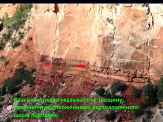 Красная стрелка указывает на трещину,
заполненную отложениями расположенного
выше Коконино
 