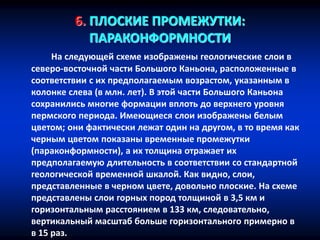 6. ПЛОСКИЕ ПРОМЕЖУТКИ:
ПАРАКОНФОРМНОСТИ
На следующей схеме изображены геологические слои в
северо-восточной части Большого Каньона, расположенные в
соответствии с их предполагаемым возрастом, указанным в
колонке слева (в млн. лет). В этой части Большого Каньона
сохранились многие формации вплоть до верхнего уровня
пермского периода. Имеющиеся слои изображены белым
цветом; они фактически лежат один на другом, в то время как
черным цветом показаны временные промежутки
(параконформности), а их толщина отражает их
предполагаемую длительность в соответствии со стандартной
геологической временной шкалой. Как видно, слои,
представленные в черном цвете, довольно плоские. На схеме
представлены слои горных пород толщиной в 3,5 км и
горизонтальным расстоянием в 133 км, следовательно,
вертикальный масштаб больше горизонтального примерно в
в 15 раз.
 