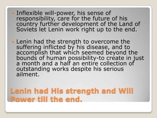 Lenin was one of the leading political figures and revolutionary thinkers of the 20th century, who masterminded the Bolshevik take-over of power in Russia in 1917, and was the architect and first head of the USSR. Altered Photo ?Assassination attempt in 1918 greatly weaken Lenin physically.Lenin withWig and Beardless1917Lenin