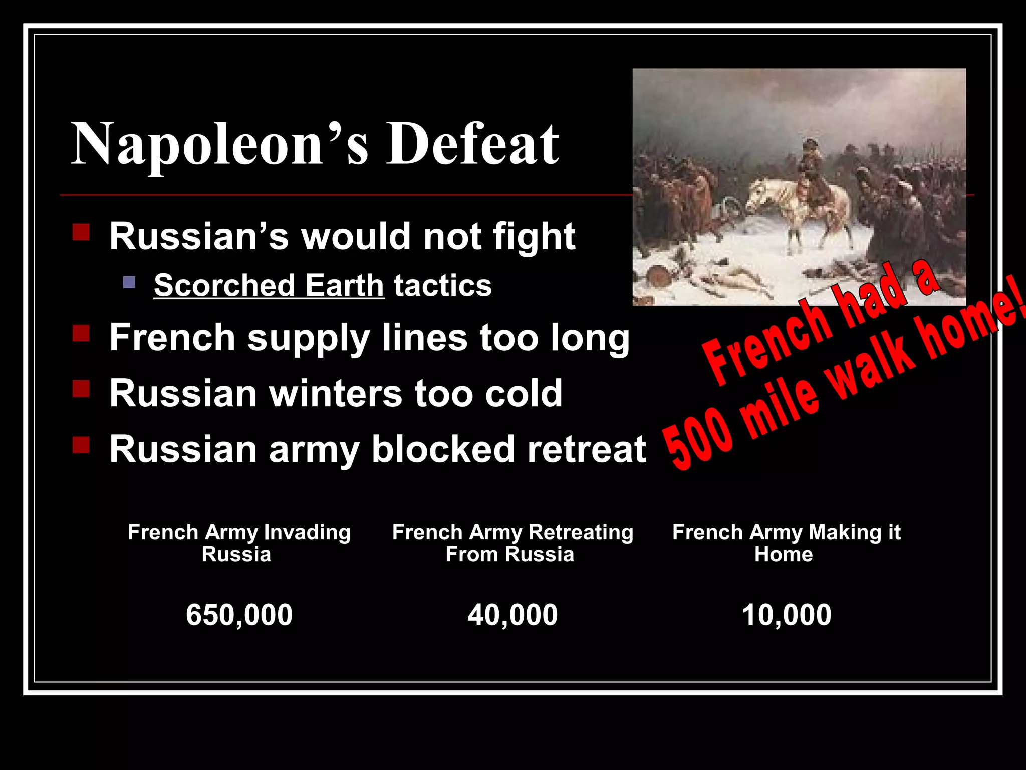 Napoleon’s Defeat
 Russian’s would not fight
 Scorched Earth tactics
 French supply lines too long
 Russian winters too cold
 Russian army blocked retreat
French Army Invading
Russia
French Army Retreating
From Russia
French Army Making it
Home
650,000 40,000 10,000
 