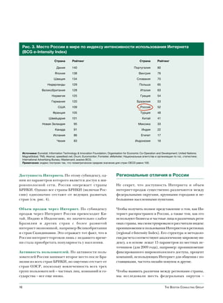 Рис. 3. Место России в мире по индексу интенсивности использования Интернета
 (BCG e-Intensity Index)

                              Страна        Рейтинг                                                Страна        Рейтинг

                                Дания       140                                               Португалия         80
                               Япония       138                                                   Венгрия        76
                              Швеция        134                                                 Словакия         70
                         Нидерланды         129                                                   Польша         65
                    Великобритания          128                                                    Италия        63
                            Норвегия        125                                                    Греция        54
                            Германия        120                                                 Бразилия         53
                                 США        109                                                    Россия        52
                             Франция        105                                                    Турция        48
                          Швейцария         101                                                     Китай        41
                    Новая Зеландия            95                                                 Мексика         33
                               Канада         91                                                    Индия        22
                             Испания          86                                                    Египет       17
                                Чехия         83                                               Индонезия         16



     Источники: Eurostat; Information Technology & Innovation Foundation; Organisation for Economic Co-Operation and Development; United Nations;
     MagnaGlobal; TNS; Akamai; speedtest.net; Ovum; Euromonitor; Forrester; eMarketer; Национальные агентства и организации по гос. статистике;
     International Advertising Bureau; Mastercard; анализ BCG.
     Примечание: индекс построен так, что геометрическое среднее значение для стран OECD равно 100.



Доступность Интернета. По этому субиндексу, од-                                 Региональные отличия в России
ним из параметров которого является доступ к ши-
рокополосной сети, Россия опережает страны                                      Не секрет, что доступность Интернета и объем
БРИКИ. Однако все страны БРИКИ (включая Рос-                                    интернет-продаж существенно различаются между
сию) однозначно отстают от ведущих развитых                                     федеральными округами, крупными городами и не-
стран (см. рис. 4).                                                             большими населенными пунктами.

Объем продаж через Интернет. По субиндексу                                      Чтобы получить полное представление о том, как Ин-
продаж через Интернет Россия превосходит Ки-                                    тернет распространен в России, а также том, как его
тай, Индию и Индонезию, но значительно слабее                                   используют бизнесы и частные лица в различных реги-
Бразилии и других стран с более развитой                                        онах страны, мы сконструировали и рассчитали индекс
интернет-экономикой, например Великобритании                                    проникновения и пользования Интернетом в регионах
и стран Скандинавии. Это отражает тот факт, что в                               (regional e-Intensity Index). Его структура и методоло-
России интернет-торговля лишь с недавнего време-                                гия расчета соответствуют аналогичному мировому ин-
ни стала приобретать популярность у населения.                                  дексу, а в основе лежат 15 параметров из местных ис-
                                                                                точников (для 2009 года), например: проникновение
Активность пользователей. По активности поль-                                   фиксированного широкополосного доступа, процент
зователей Россия занимает второе место после Бра-                               компаний, использующих Интернет для общения с по-
зилии из всех стран БРИКИ, но ощутимо отстает от                                ставщиками, частота онлайн покупок и другие.
стран ОЭСР, поскольку вовлеченность всех трех
групп пользователей – частных лиц, компаний и го-                               Чтобы выявить различия между регионами страны,
сударства – все еще низка.                                                      мы исследовали шесть федеральных округов –


16                                                                                                                     The BosTon ConsulTing group
 