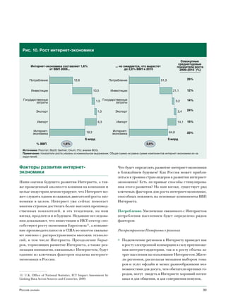 Рис. 10. Рост интернет-экономики

                                                                                                                         Совокупные
                                                                                                                       среднегодовые
        Интернет-экономика составляет 1,6%                             ... но ожидается, что вырастет                 показатели роста
                   от ВВП 2009...                                              до 2,6% ВВП к 2015                       2009–2015 (%)


       Потребление                     12,6                        Потребление                          51,3                  26%


        Инвестиции                                     10,5         Инвестиции                                   21,1         12%


  Государственные
          затраты                                       1,5 Государственные
                                                                    затраты                                           3,2     14%


            Экспорт                                      1,0          Экспорт                                          3,4    24%


            Импорт                                        6,3          Импорт                                          14,1   15%


         Интернет-                              19,3                 Интернет-                                 64,8
         экономика                                                   экономика                                                22%

                                               $ млрд                                                          $ млрд
            % ВВП              1,6%                                                        2,6%

  Источники: Росстат; ВШЭ; Gartner; Ovum; ITU; анализ BCG.
  Примечание: показатели роста указаны в номинальном выражении. Общая сумма не равна сумме компонентов интернет-экономики из-за
  округлений.



Факторы развития интернет-                                              Что будет определять развитие интернет-экономики
экономики                                                               в ближайшем будущем? Как Россия может прибли-
                                                                        зиться к уровню стран-лидеров в развитии интернет-
Наши оценки будущего развития Интернета, а так-                         экономики? Есть ли прямые способы стимулирова-
же проведенный анализ его влияния на компании и                         ния этого развития? На наш взгляд, существует ряд
целые индустрии демонстрируют, что Интернет мо-                         ключевых факторов для роста интернет-экономики,
жет служить одним из важных двигателей роста эко-                       способных повлиять на основные компоненты ВВП
номики в целом. Интернет уже сейчас помогает                            Интернета.
многим странам достигать более высоких производ-
ственных показателей, и эта тенденция, на наш                           Потребление. Увеличение связанного с Интернетом
взгляд, продлится и в будущем. Недавние исследова-                      потребления населением будет определено рядом
ния доказывают, что инвестиции в ИКТ-сектор спо-                        факторов:
собствуют росту экономики Евросоюза11, а повыше-
ние производительности в США во многом связыва-                         Распространение Интернета в регионах
ют именно с распространением высоких техноло-
гий, в том числе Интернета. Преодоление барье-                          ◊ Подключение регионов к Интернету приведет как
ров, тормозящих развитие Интернета, а также реа-                          к росту электронной коммерции в силу приумноже-
лизация инициатив, связанных с Интернетом, будут                          ния интернет-аудитории, так и к росту объема за-
одними из ключевых факторов подъема интернет-                             трат населения на пользование Интернетом. Жите-
экономики в России.                                                       ли регионов, располагая меньшим выбором това-
                                                                          ров и услуг офлайн и менее разнообразными воз-
                                                                          можностями для досуга, чем обитатели крупных го-
11. U.K. Office of National Statistics, ICT Impact Assessment by          родов, могут увидеть в Интернете хороший потен-
Linking Data Across Sources and Countries, 2009.                          циал и для общения, и для совершения покупок.


Россия онлайн                                                                                                                        33
 