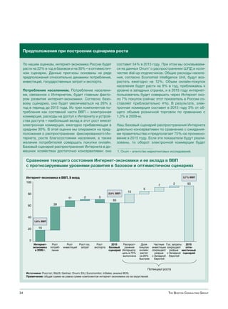 Предположения при построении сценариев роста


 По нашим оценкам, интернет-экономика России будет                           составит 54% в 2015 году. При этом мы основываем-
 расти на 22% в год в базовом и на 30% – в оптимистич-                       ся на данных Ovum1 о распространении ШПД и коли-
 ном сценарии. Данные прогнозы основаны на ряде                              честве dial-up-подписчиков. Общие расходы населе-
 предположений относительно динамики потребления,                            ния, согласно Economist Intelligence Unit, будут воз-
 инвестиций, государственных затрат и экспорта.                              растать ежегодно на 12%. Объем онлайн-покупок
                                                                             населения будет расти на 9% в год, приближаясь к
 Потребление населением. Потребление населени-                               уровню в западных странах, и в 2015 году интернет-
 ем, связанное с Интернетом, будет главным факто-                            пользователь будет совершать через Интернет око-
 ром развития интернет-экономики. Согласно базо-                             ло 7% покупок (сейчас этот показатель в России со-
 вому сценарию, оно будет увеличиваться на 26% в                             ставляет приблизительно 4%). В результате, элек-
 год в период до 2015 года. Из трех компонентов по-                          тронная коммерция составит в 2015 году 3% от об-
 требления как составной части ВВП – электронная                             щего объема розничной торговли по сравнению с
 коммерция, расходы на доступ к Интернету и устрой-                          1,3% в 2009-м.
 ства доступа – наибольший вклад в этот рост внесет
 электронная коммерция, ежегодно прибавляющая в                              Наш базовый сценарий распространения Интернета
 среднем 30%. В этой оценке мы опираемся на пред-                            довольно консервативен по сравнению с ожидания-
 положения о распространении фиксированного Ин-                              ми правительства и предполагает 75%-ое проникно-
 тернета, росте благосостояния населения, а также                            вение в 2015 году. Если эти показатели будут реали-
 желании потребителей совершать покупки онлайн.                              зованы, то оборот электронной коммерции будет
 Базовый сценарий распространения Интернета в до-
 машних хозяйствах достаточно консервативен: оно                             1. Ovum – агентство маркетинговых исследований.


     Сравнение текущего состояния Интернет-экономики и ее вклада в ВВП
     с прогнозируемыми уровнями развития в базовом и оптимистичном сценариях

     Интернет-экономика в ВВП, $ млрд                                                                                  3,7% ВВП

     100
                                                                                                       7           2      93
                                                                                             5
                                                                                   15
      80                                                             2,6% ВВП
                                      11          2          5
                                                                        65
      60                   39



      40
            1,6% ВВП


      20       19



       0
            Интернет-     Рост        Рост    Рост гос.     Рост       2015    Распрост-     Доля   Частные Гос. затраты 2015
           экономика     потреб-   инвестиций затрат      экспорта   базовый    ранение    покупок инвестиции сокращают  опти-
             в 2009 г.    ления                                      сценарий Интернета:   онлайн: сокращают разрыв мистичный
                                                                              цель в 75%    растет   разрыв с Западной сценарий
                                                                              выполнена    на 20% с Западной Европой
                                                                                           быстрее   Европой


                                                                                                 Потенциал роста
     Источники: Росстат; ВШЭ; Gartner; Ovum; EIU; Euromonitor; InSales; анализ BCG.
     Примечание: общая сумма не равна сумме компонентов интернет-экономики из-за округлений.




34                                                                                                            The BosTon ConsulTing group
 