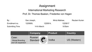 Assignment
International Marketing Research
Prof. Dr. Thomas Baaken, Friederike von Hagen
By : Geo Joseph, Minto Mathew, Reuben Kurien
Enrollment no. 1220809, 1220814, 1220817
Submitting Time 14 th March 9:00am
Company Product Country
Case :
Global Branding
and US expansion
Russian
Standard Vodka US (Western)
 