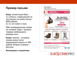 Пример письма
Кому: сегментация базы –
1). клиенты, совершившие за
год покупок на сумму свыше
8000 рублей;
2). те, кто живет в Туле.
Что: индивидуальная скидка
на топовый товар + витрина
товаров необходимого
размера ноги.
Когда: триггер – отправка
письма сразу после
преодоления порога в 4 000
рублей. Вторая отправка –
вручную.
Интеграция с соцсетями
 