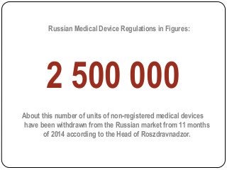 Russian Medical Device Regulations in Figures:
2 500 000
About this number of units of non-registered medical devices
have been withdrawn from the Russian market from 11 months
of 2014 according to the Head of Roszdravnadzor.
 