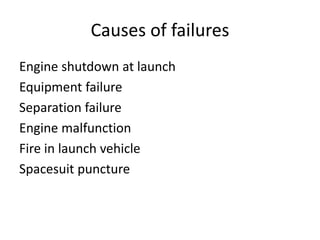 Causes of failures
Engine shutdown at launch
Equipment failure
Separation failure
Engine malfunction
Fire in launch vehicle
Spacesuit puncture
 