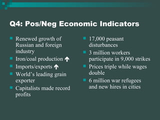 Q4: Pos/Neg Economic Indicators Renewed growth of Russian and foreign industry Iron/coal production   Imports/exports   World’s leading grain exporter Capitalists made record profits 17,000 peasant disturbances 3 million workers participate in 9,000 strikes Prices triple while wages double 6 million war refugees and new hires in cities 