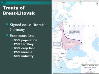 Treaty of  Brest-Litovsk Signed cease-fire with Germany Enormous loss 33% population 25% territory 33% crop land 25% income 50% industry 