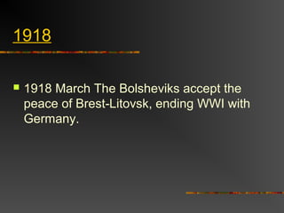 1918


1918 March The Bolsheviks accept the
peace of Brest‑Litovsk, ending WWI with
Germany.

 