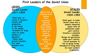 First Leaders of the Soviet Union
LENIN
Soviet Leader
1917-1924
•Chief goal: to
create a classless
society with
production
in the hands
of the people.
•Standard of living
rises for many
workers &
peasants.
•Allows some
private business;
lets some
peasants hold
land.
STALIN
Soviet Leader
1924-1953
•Chief goal: to make
Soviet Union into a
modern industrial
power with all
production under
gov’t control.
•Creates a command
economy.
•Brings all agriculture
under gov’t control;
forces peasants to
live on group farms.
•Standard of living falls
for most workers
& peasants.
•Spent time in
Siberian exile
before
1917
revolution.
•Became
Communist
Party leader.
•Uses secret
police to
enforce
Communist
will.
•Wants to
bring
about a world-
wide
revolution.
 