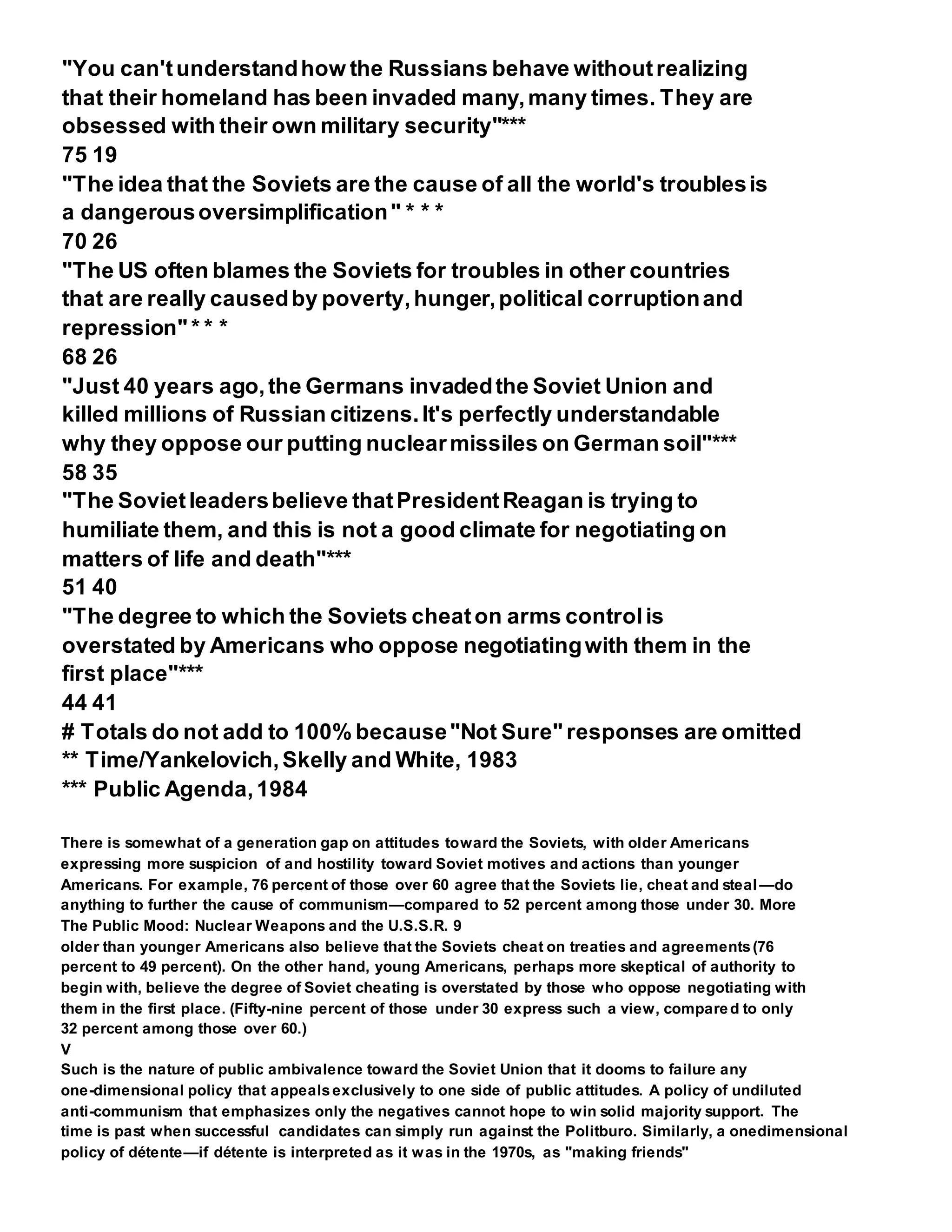 "You can'tunderstandhow the Russians behave withoutrealizing
that their homeland has been invaded many,many times. They are
obsessed with their own military security"***
75 19
"The idea that the Soviets are the cause of all the world's troublesis
a dangerousoversimplification" * * *
70 26
"The US often blames the Soviets for troubles in other countries
that are really causedby poverty,hunger,political corruptionand
repression" * * *
68 26
"Just 40 years ago,the Germans invadedthe Soviet Union and
killed millions of Russian citizens.It's perfectly understandable
why they oppose our putting nuclearmissiles on German soil"***
58 35
"The Sovietleadersbelieve thatPresidentReagan is trying to
humiliate them, and this is not a good climate for negotiating on
matters of life and death"***
51 40
"The degree to which the Soviets cheaton arms controlis
overstated by Americans who oppose negotiatingwith them in the
first place"***
44 41
# Totals do not add to 100% because"Not Sure" responses are omitted
** Time/Yankelovich,Skelly and White, 1983
*** Public Agenda,1984
There is somewhat of a generation gap on attitudes toward the Soviets, with older Americans
expressing more suspicion of and hostility toward Soviet motives and actions than younger
Americans. For example, 76 percent of those over 60 agree that the Soviets lie, cheat and steal —do
anything to further the cause of communism—compared to 52 percent among those under 30. More
The Public Mood: Nuclear Weapons and the U.S.S.R. 9
older than younger Americans also believe that the Soviets cheat on treaties and agreements(76
percent to 49 percent). On the other hand, young Americans, perhaps more skeptical of authority to
begin with, believe the degree of Soviet cheating is overstated by those who oppose negotiating with
them in the first place. (Fifty-nine percent of those under 30 express such a view, compared to only
32 percent among those over 60.)
V
Such is the nature of public ambivalence toward the Soviet Union that it dooms to failure any
one-dimensional policy that appealsexclusively to one side of public attitudes. A policy of undiluted
anti-communism that emphasizes only the negatives cannot hope to win solid majority support. The
time is past when successful candidates can simply run against the Politburo. Similarly, a onedimensional
policy of détente—if détente is interpreted as it was in the 1970s, as "making friends"
 