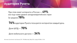 Аудитория Рунета

         При этом охват интернета в России — 49%
         все еще ниже уровня западноевропейских стран
         (в среднем 78%)

          76% аудитории Рунета пользуются интернетом каждый день
          Доля ШПД — 70%

          Доля мобильного доступа — 34%

Источник: Euromonitor Internetional, 2011. TNS Web Index, Март 2012, города 100 000+, 12-54
 