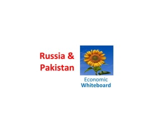 Russia
&
Pakistan Economic
Whiteboard
Russia
Pakistan
Textile
Oil & Gas
Energy
Direct Investment & Technology
Annual trade volume between the two counties is
around US$542 million. Pakistan must utilize business
expertise of Russia to increase quality-output and
exports to Central Asian and Scandinavian countries.
Trade volume between the two countries would be
US$4 billion by December 2018.
For sustainable bilateral relations, event planning
companies like Pegasus and S.A. Consulting must hold
joint cultural events regularly in Faisalabad, Peshawar
and Muzzafargarh throughout the years.
143.5 Million
Population
200 Million
Population
Sajid Imtiaz: Bureau Chief Islamabad, Daily Porihyo
 
