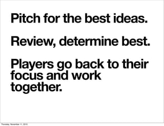 Pitch for the best ideas.
         Review, determine best.
         Players go back to their
         focus and work
     ...