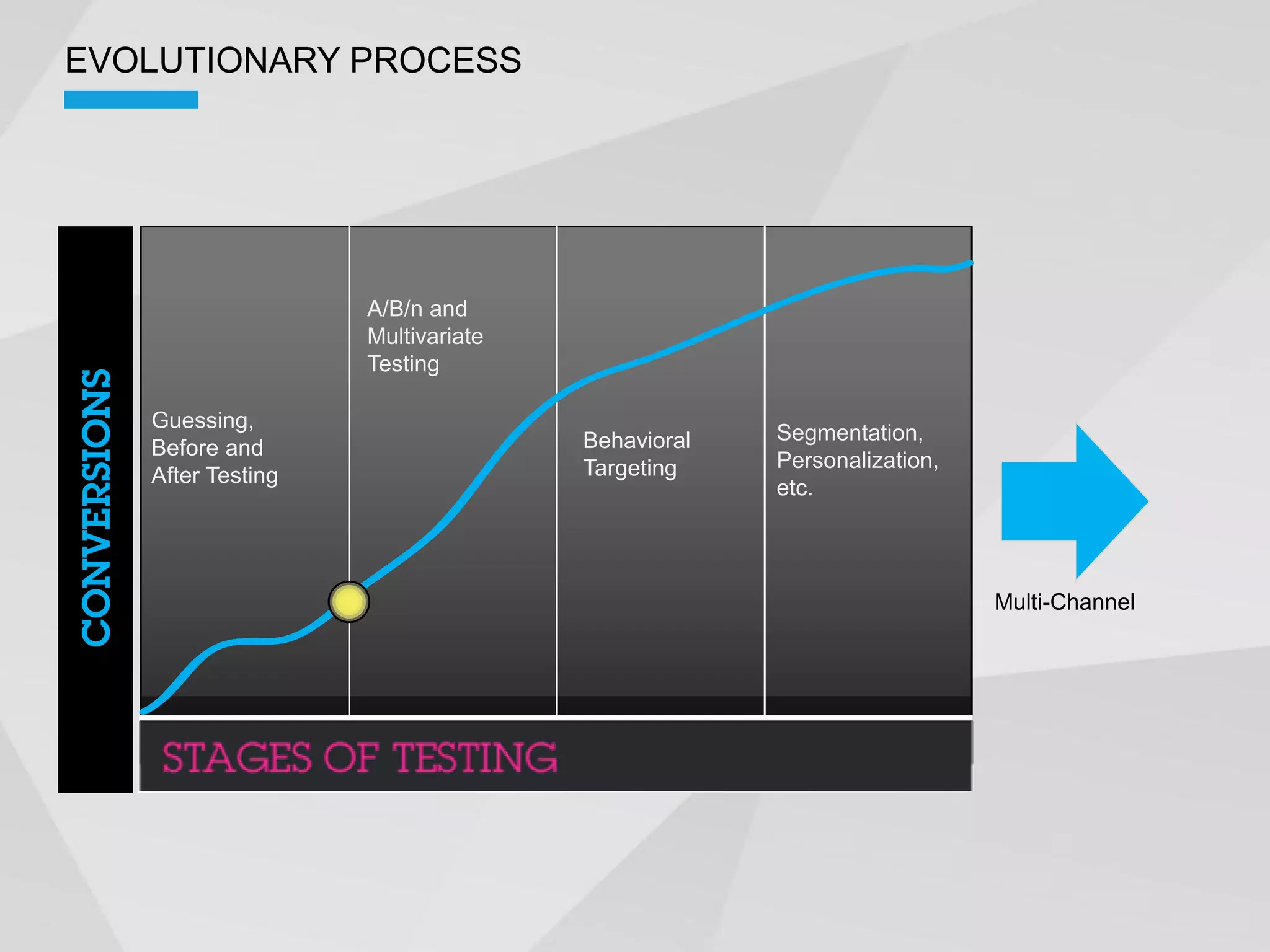 EVOLUTIONARY PROCESS




                   A/B/n and
                   Multivariate
                   Testing

   Guessing,
                                  Behavioral   Segmentation,
   Before and
                                  Targeting    Personalization,
   After Testing
                                               etc.




                                                                  Multi-Channel
 