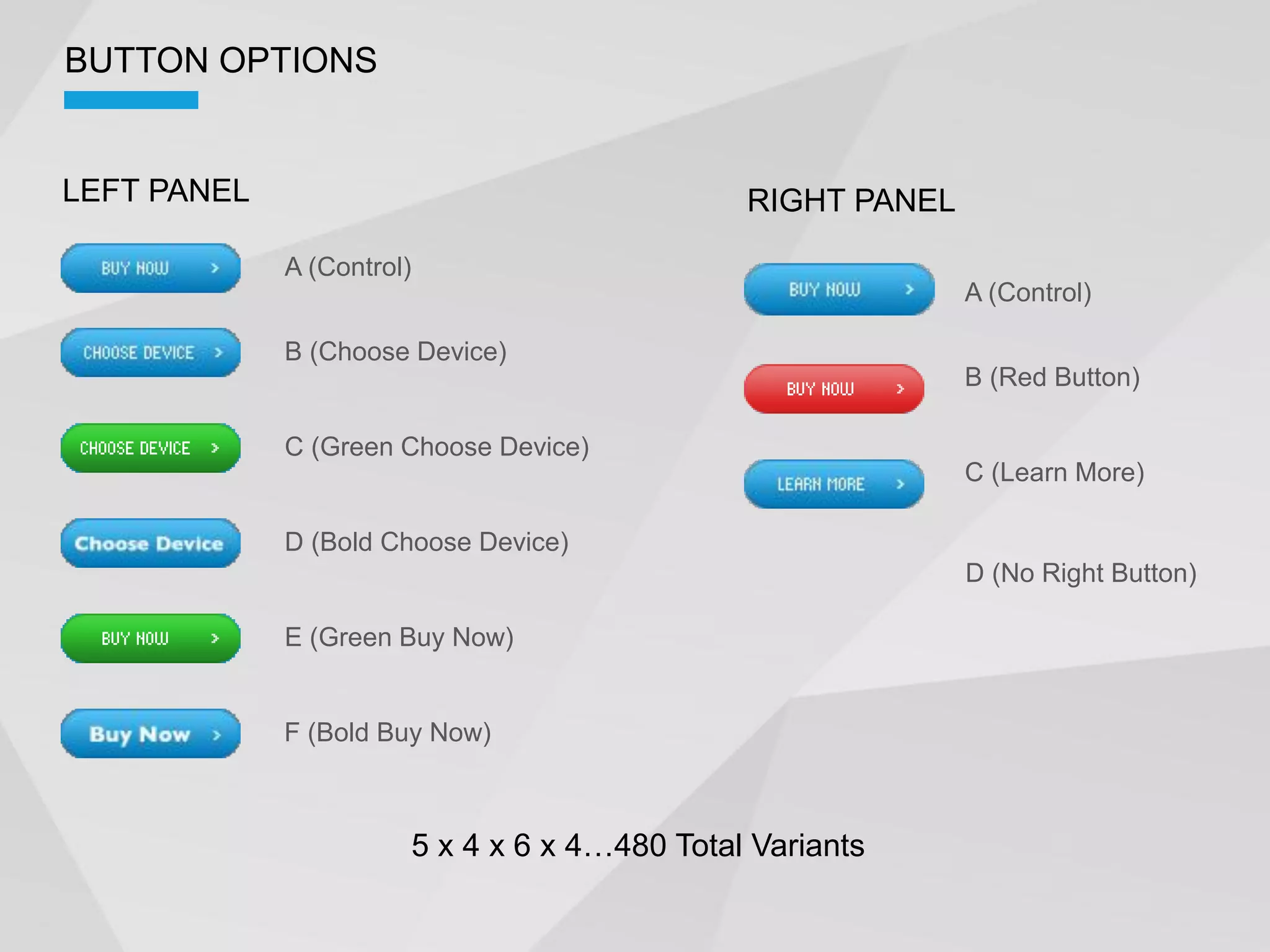 BUTTON OPTIONS


LEFT PANEL                             RIGHT PANEL

             A (Control)
                                                     A (Control)

             B (Choose Device)
                                                     B (Red Button)

             C (Green Choose Device)
                                                     C (Learn More)

             D (Bold Choose Device)
                                                     D (No Right Button)

             E (Green Buy Now)


             F (Bold Buy Now)
 