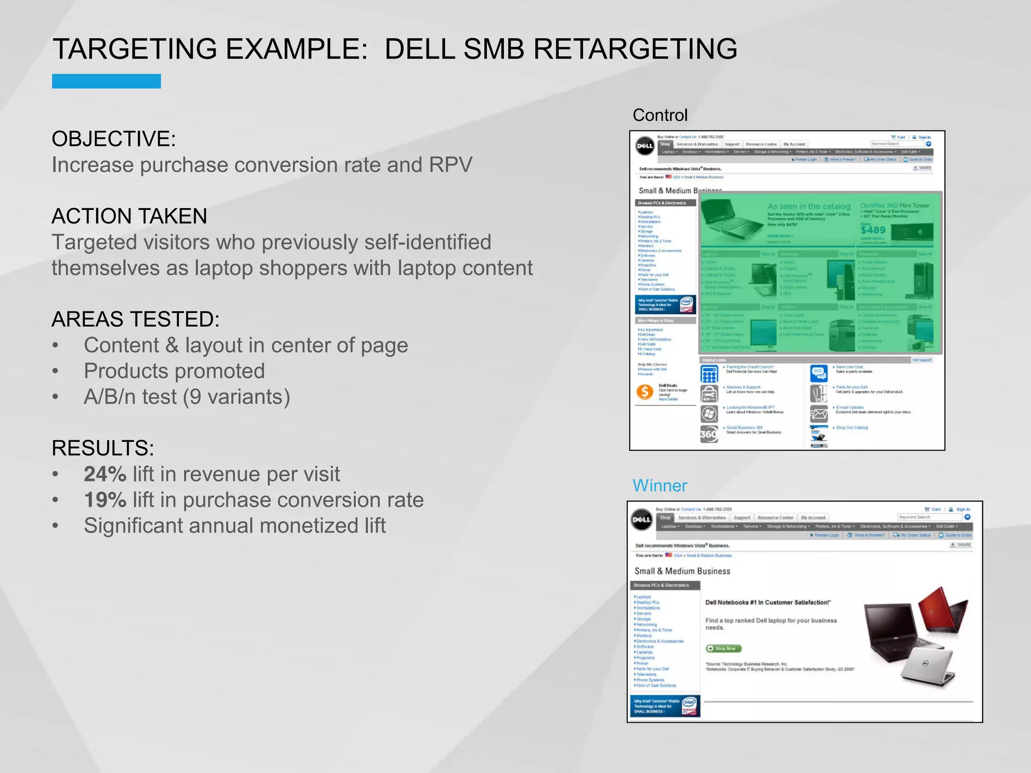TARGETING EXAMPLE: DELL SMB RETARGETING

                                                    Control
OBJECTIVE:
Increase purchase conversion rate and RPV

ACTION TAKEN
Targeted visitors who previously self-identified
themselves as laptop shoppers with laptop content

AREAS TESTED:
  Content & layout in center of page
  Products promoted
  A/B/n test (9 variants)

RESULTS:
  24% lift in revenue per visit                     Winner
  19% lift in purchase conversion rate
  Significant annual monetized lift
 